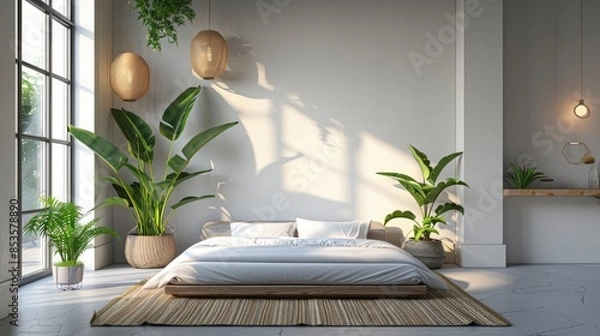 Fototapeta A Scandinavian-Style Bedroom Interior, Simple And Inviting, High Quality, HD