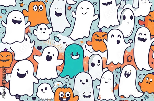 Obraz halloween ghost pattern. Cute smiling ghost repeat print background.