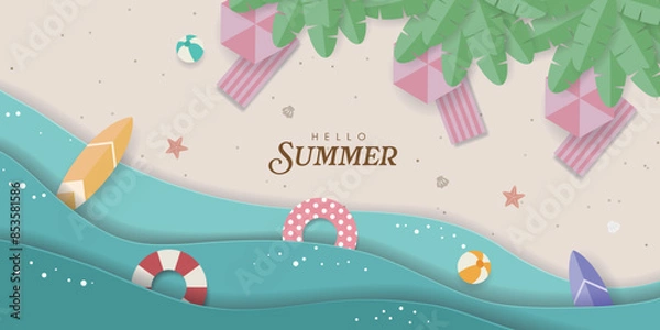 Fototapeta Top view Summer Vacation Illustration.  Hello  summer holiday banner with colorful summer items
