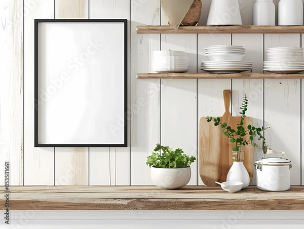 Obraz frame mockup for kitchen room, blank canvas, generated ai 