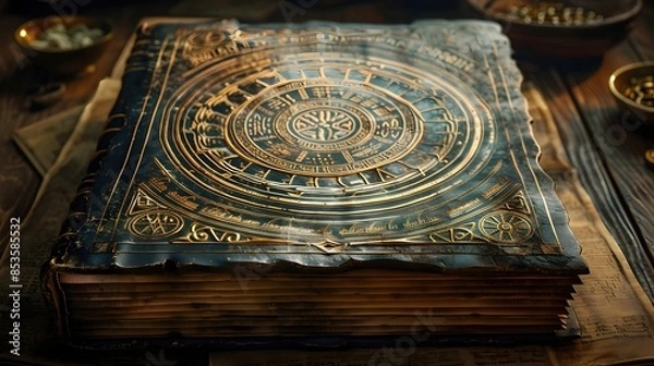 Fototapeta Ornate Leather-Bound Tome of the Mysterious Voynich Manuscript with Faded Gold Etchings and Yellowed Parchment Pages