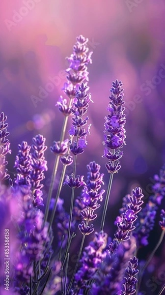 Fototapeta Lavender field with lavender flowers in a purple color under soft light with a sunset background, shown in closeup macro photography
