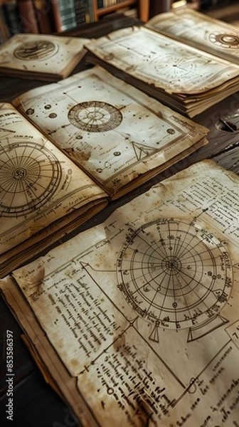 Fototapeta Spread of the Enigmatic Voynich Manuscript with Mysterious Diagrams, Sigils, and Astronomical Charts on Weathered Vellum Pages