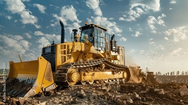 Fototapeta Detailed image of a bulldozer with soil on the blade, working on a construction site with.