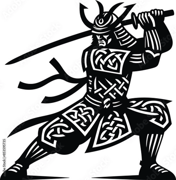 Fototapeta samurai in silhouete with celtic knot pattern illustration