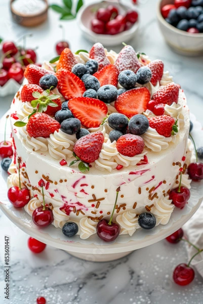 Fototapeta A white cake sitting on a white background, topped with fresh berries and fluffy whipped cream