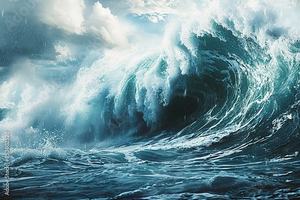 Fototapeta Generative ai on theme of a scary tsunami with huge foamy wave, apocalyptic dramatic background