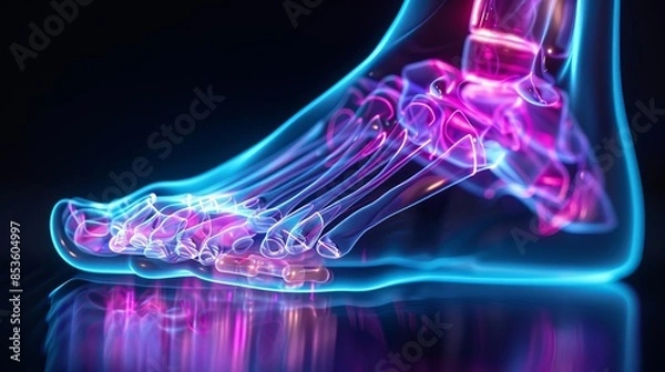 Fototapeta 3D medical illustration of human foot bones with glowing joints.