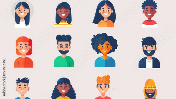 Fototapeta Set of diverse cartoon avatars with various hairstyles and facial expressions icons. Collection of twelve unique character illustrations for profile icons and social media use