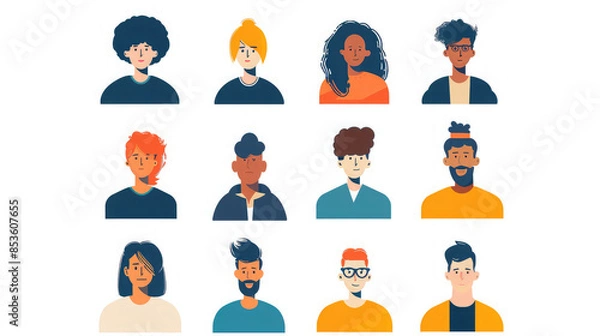 Fototapeta cartoon avatars with different hairstyles and facial expressions on a white background. Flat design character illustrations for profile pictures and social media
