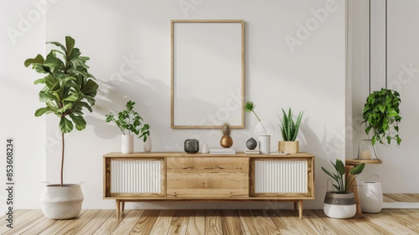 Fototapeta A white wall features a clean and simple frame mockup poster hanging above a wooden cabinet. The 3D rendering gives it a realistic look.