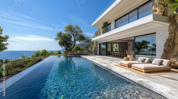 Fototapeta Villa in Mediterranean modern style with infinity pool. Minimalist architecture in Mediterranean setting with sea views