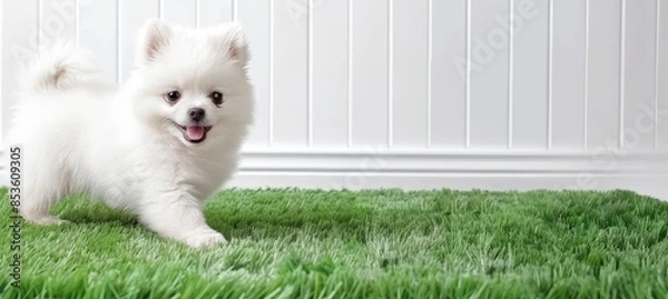 Fototapeta Playful white pomeranian puppy running on green grass   minimalist design with copy space