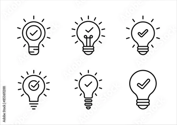Fototapeta black bulb with checkmark like quick tip icon set. flat stroke linear simple trend modern efficiency logotype design element isolated on white background.