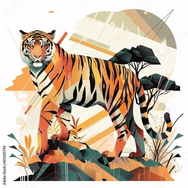 Fototapeta Tiger standing on a rock with abstract foliage background. Digital illustration with geometric shapes and patterns.
