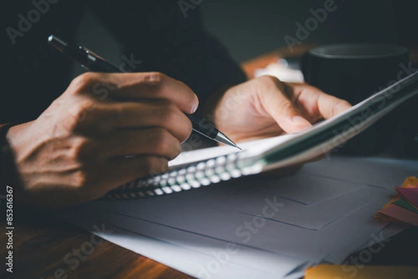 Fototapeta Student is diligently writing in notebook during  tutoring session, preparing for exams. education and the detailed work involved in studying and writing reports and letters.