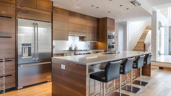 Fototapeta A modern kitchen interior showcases sleek cabinetry, stainless steel appliances, and a minimalist design that emphasizes functionality and elegance. 