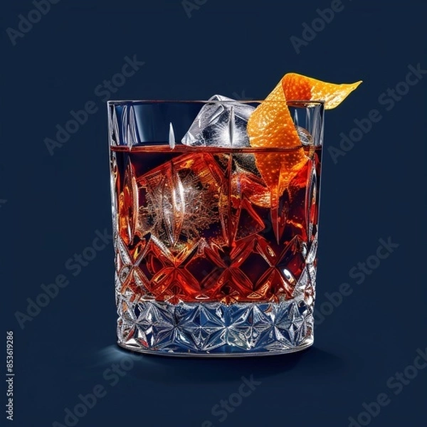 Fototapeta A sophisticated negroni with an orange peel twist, served in a crystal glass with a large ice cube on a solid navy blue background.