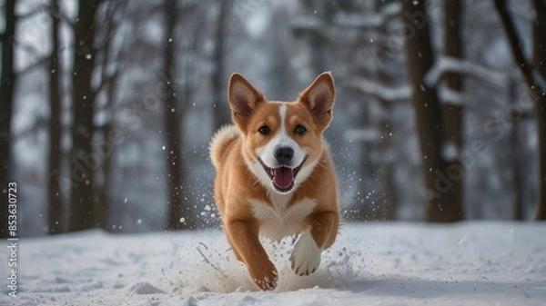 Obraz image of a happy puppy jumping in the snow