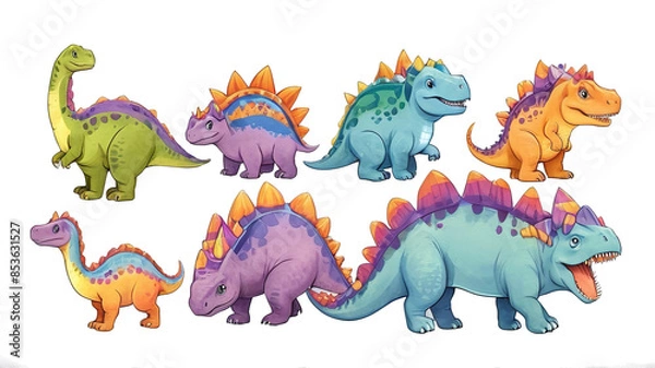 Fototapeta Collage set of cute cartoon dinosaurs. Watercolor clipart, isolated  background transparent