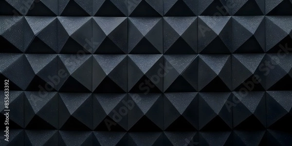 Fototapeta Pyramid-patterned soundproof foam on a black wall in a recording studio. Concept Recording Studio, Soundproofing, Pyramid Pattern, Black Wall, Acoustic Treatment