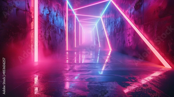 Fototapeta An abstract 3D scene with neon light beams converging and diverging. Cartoon illustrations Generative AI