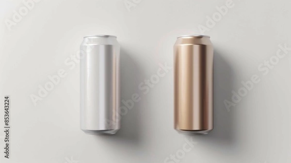 Fototapeta Blank Aluminum and Copper Beverage Cans on Neutral Background. Generative AI