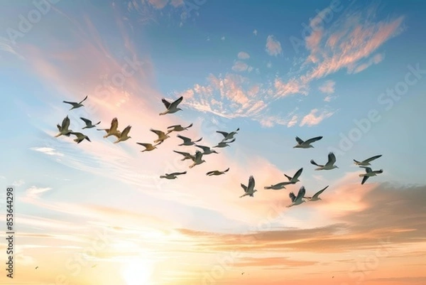 Fototapeta a colorful flock of migratory birds flying across a sunset sky