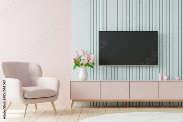 Obraz Soft Pastel Living Room Design with empty TV for mockup