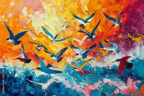 Fototapeta a vibrant painting of migratory birds during a tropical storm