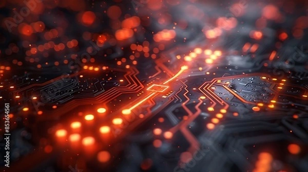Fototapeta Arrows integrated into a circuit board pattern, symbolizing direction and technology. The design features intricate circuit pathways with arrows seamlessly blended, highlighting the fusion of movement