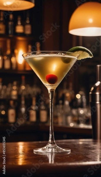 Obraz Martini glass with a lime garnish, set against the backdrop of a warmly lit bar, exuding sophistication and charm