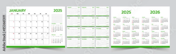 Obraz Monthly calendar template for 2025 year. The Week start on Sunday. Desk calendar 2025 design, simple and clean design, Wall calendar for print, digital calendar, Corporate design planner template.