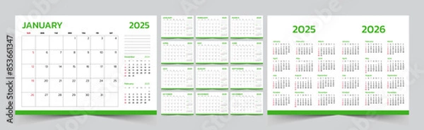 Obraz Monthly calendar template for 2025 year. The Week start on Sunday. Desk calendar 2025 design, simple and clean design, Wall calendar for print, digital calendar, Corporate design planner template.
