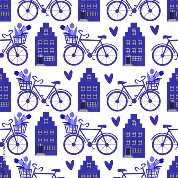 Fototapeta Vector seamless pattern of dutch city  Traditional old buildings. scandinavian style vector illustration. architecture, bicycles, tulips.