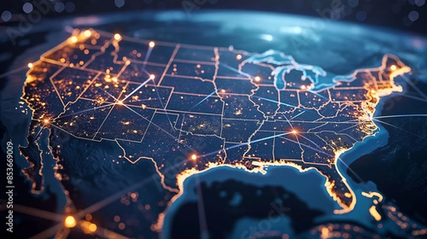 Fototapeta Glowing Digital Map of the United States Network Connectivity