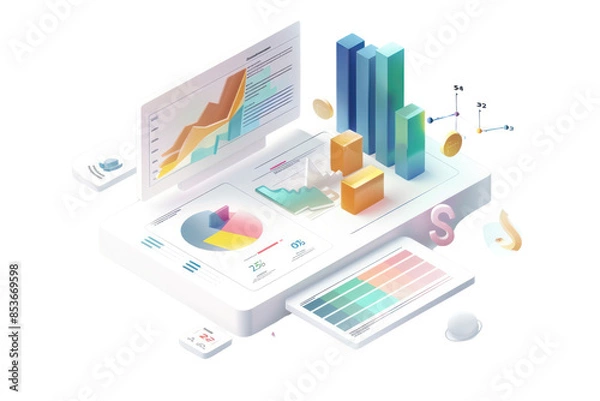 Obraz Data analytics dashboard with charts and graphs showcasing financial statistics, business growth, and performance metrics on various devices.