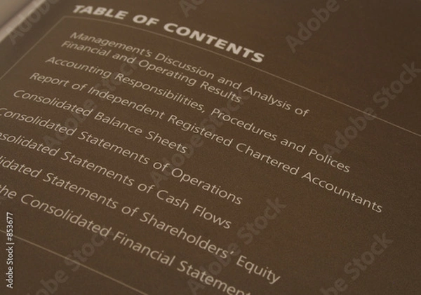 Fototapeta table of contents