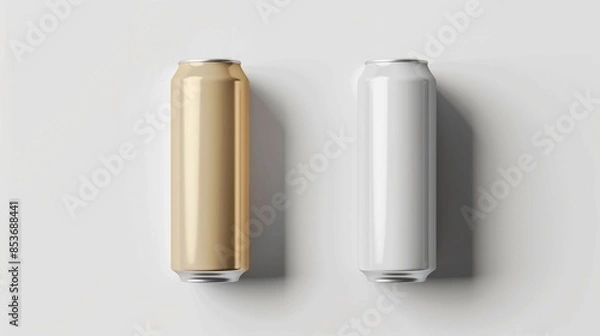 Fototapeta Elegant Gold and Silver Aluminum Can Mockup on Pristine White Background for Branding and Packaging Design. Generative AI