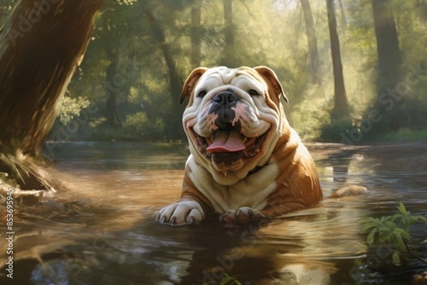 Fototapeta Portrait of a happy bulldog while standing against tranquil forest stream