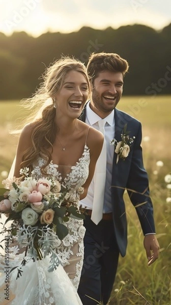 Fototapeta A bride and groom laughing together as they run through a field, their elation at their wedding palpable