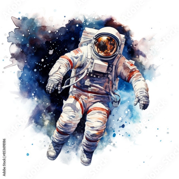 Fototapeta Portrait of an astronaut in outer space in a uniform in a spacesuit in watercolor on a transparent white background PNG. Cosmonautics day galaxy universe