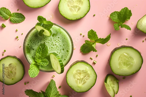 Fototapeta Fresh Cucumber and Mint Juice on Pink Background