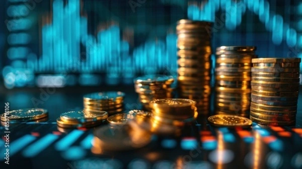 Obraz Stacks of gleaming gold coins atop a financial graph, symbolizing robust economic growth and smart investment choices. Enhanced with a blue tint to highlight insightful data visualization.

