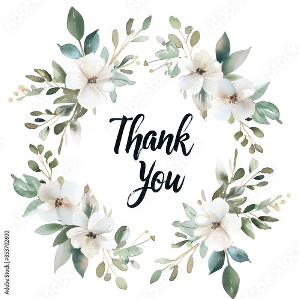 Fototapeta Thank you card in a bouquet of simple white flowers and greenery on a white background