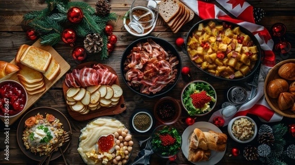Fototapeta Christmas table with traditional Canadian dishes such as pudding, bacon, poutine, flags. Top view