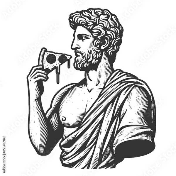 Fototapeta classical Roman Greek statue eating a slice of pizza, ancient art modern food culture sketch engraving generative ai raster illustration. Scratch board imitation. Black and white image.