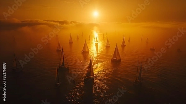Fototapeta Sunset Journey: Top View of Yachts Sailing Across a Calm Ocean