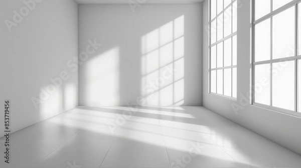 Fototapeta Empty room with white walls and a white floor, featuring a large window with multiple panes that allows natural light to enter and cast shadows on the floor