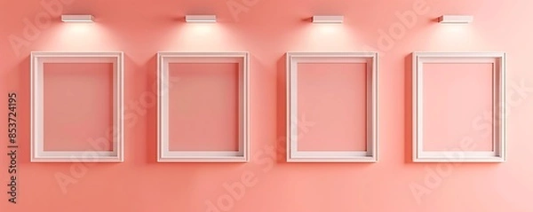 Fototapeta Four empty square frames in a horizontal line on a light coral wall, each frame under a spotlight, creating a vibrant and stylish display